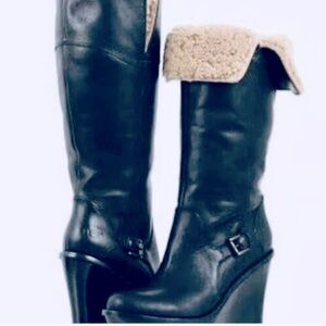 UGG Australia Black Leather Shearling Lined Sidonie Tall Wedge Boots - 6.5 or 7